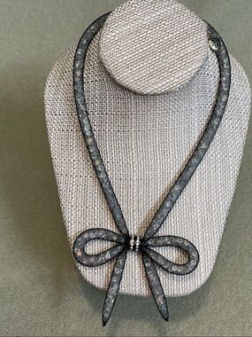 Betsey Johnson Black Mesh Bow Necklace with Iridescent Thread